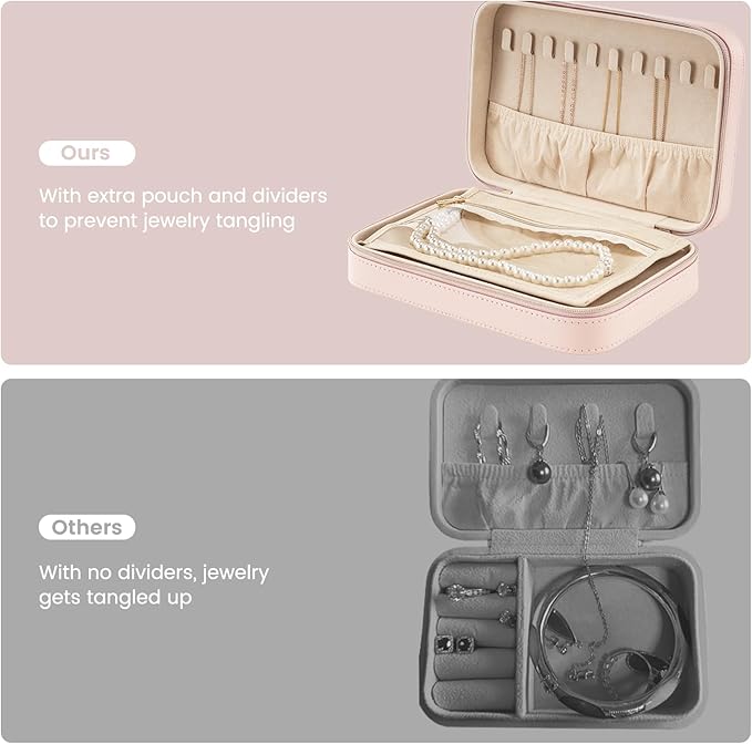 Lolalet Travel Jewelry Case for Women, Travel Jewelry Organizer Box with Mirror & Clear Storage Bag, Small Portable Traveling Earring Necklace Bracelet Ring Case, Bridesmaid Gifts -Medium, Pink