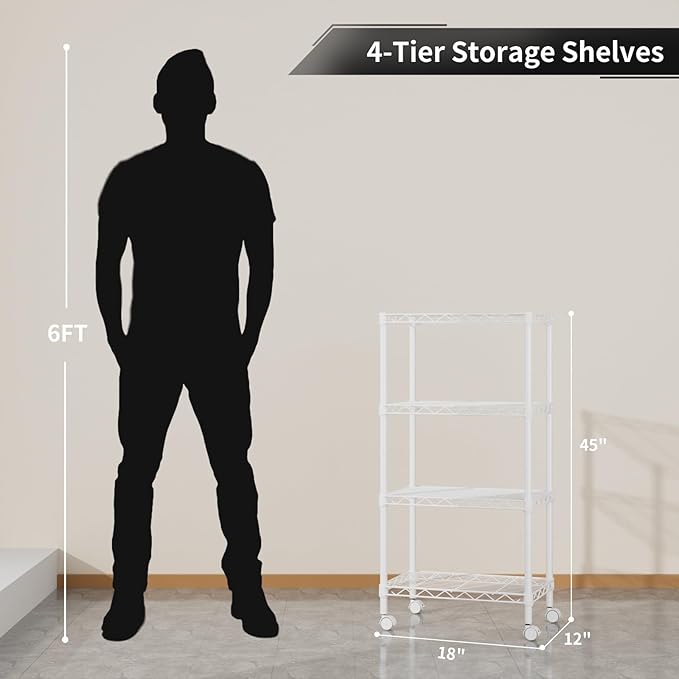 Small 4 Tier Shelves Storage Wire Shelving Unit Metal Shelf Adjustable Organizers Storage Shelving with Wheels for Bathroom Laundry Room Kitchen Pantry12”D x 18”W x 44.8”H White