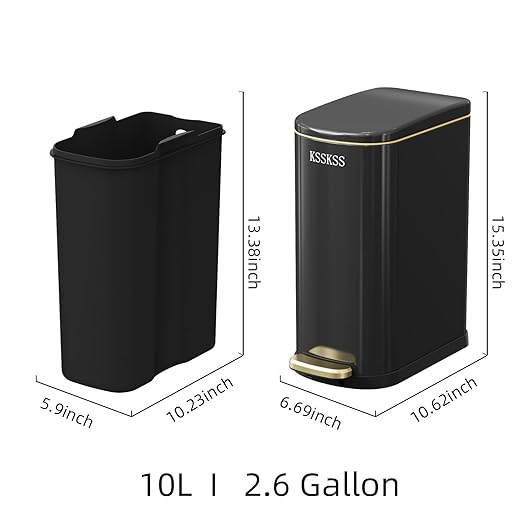 2.6 Gallon Slim Bathroom Trash Can with Soft-Close Foot Pedal, 10L Stainless Steel Garbage Can with Removable Liner Bucket, for Narrow Spaces,Bathroom, Bedroom (Titanium Black)