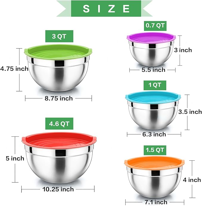 P&P CHEF Mixing Bowl with Airtight Lid Set of 5, 10-Piece Stainless Steel Nesting Salad Bowl Set for Prepping, Mixing and Serving, Size 4.6, 3, 1.5, 1, 0.7 QT, Rimmed Edges & Flat Base, Multicolor