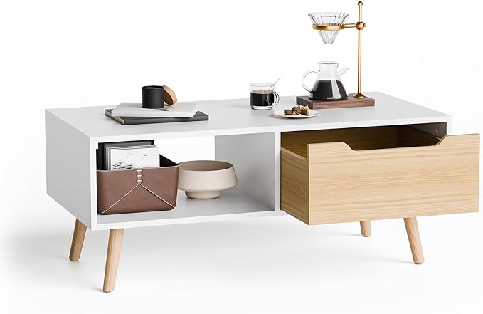 Cozy Castle Modern Coffee Table, Wooden Cocktail Table with Storage, Minimalist Hallway Table, Mid Century Modern Coffee Table for Living Room Apartment Reception, White