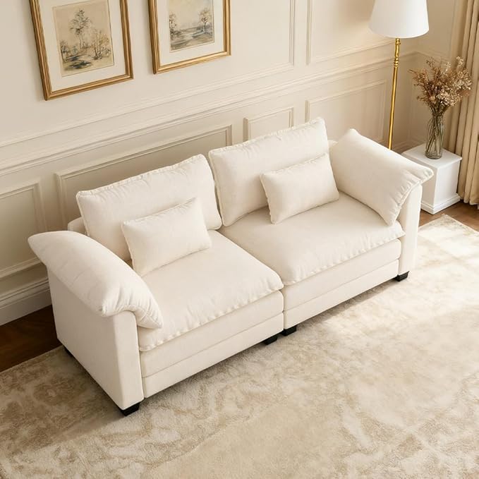 COMHOMA 86" Sectional Sofa,Comfy Cloud Modular Couch with Throw Pillows,Modern Chenille Deep Seat Sofa Couches for Living Room,Beige