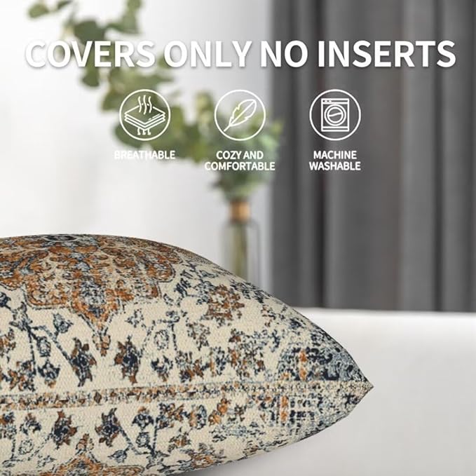 Boho Throw Pillow Covers 24x24 Set of 2, Ethnic Carpet Pattern Pillow Covers Gold Blue Rustic Farmhouse Cushion Cases Linen Decorative Gifts for Couch Sofa Indoor Outdoor