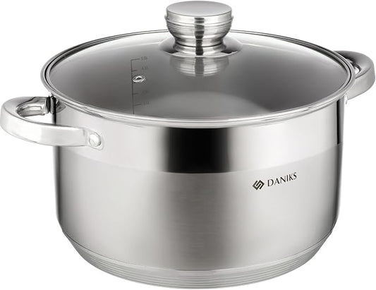Daniks Standard Stainless Steel Stock Pot with Glass Lid – Induction 7 Quart, Dishwasher Safe, Measuring Scale, For Soup, Pasta, Stew, Silver