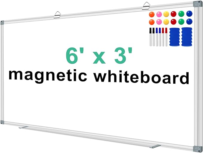 H-Qprobd Dry Erase White Board for Wall 6' x 3' Large Magnetic Whiteboard 72"x36" Aluminum Presentation Whiteboard with Long Pen Tray, 6 Markers, 2 Erasers &12 Magnets