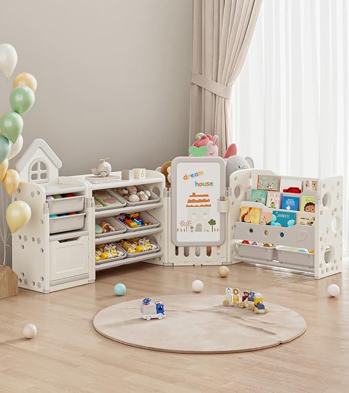 Kids Toy Storage Organizer with 10 Removable Bins, Foldable Toy Organizers and Storage with 3-Tier Bookshelf for Kids Toy Storage Organizer with Drawing Board, Extra 3 Brushes (4 In 1 Off-white)