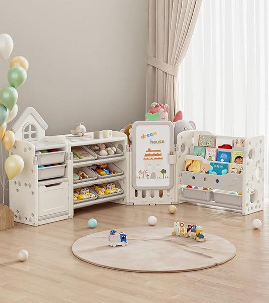 Kids Toy Storage Organizer with 10 Removable Bins, Foldable Toy Organizers and Storage with 3-Tier Bookshelf for Kids Toy Storage Organizer with Drawing Board, Extra 3 Brushes (4 In 1 Off-white)