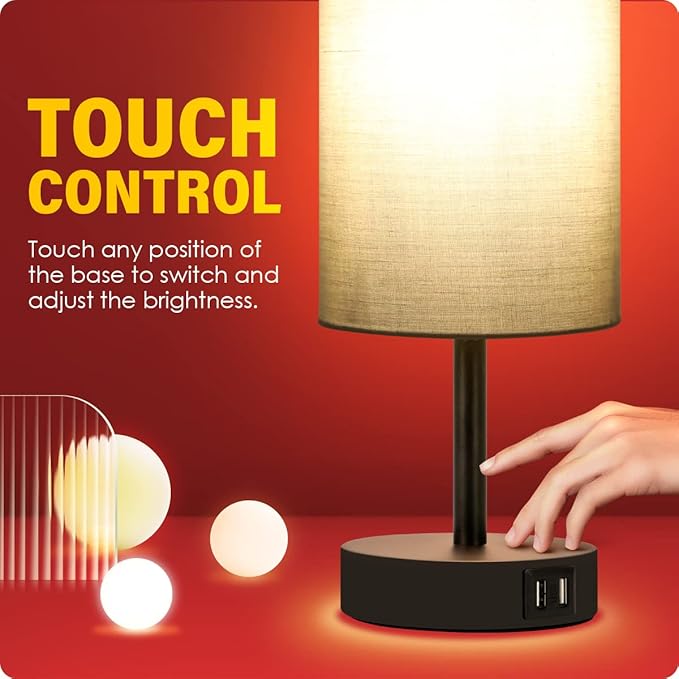 Yarra-Decor Bedside Lamp with USB Port - Touch Control Table Lamp for Bedroom 3 Way Dimmable Nightstand Lamp with Round Grey Fabric Shade for Living Room, Dorm, Home Office (LED Bulb Included)
