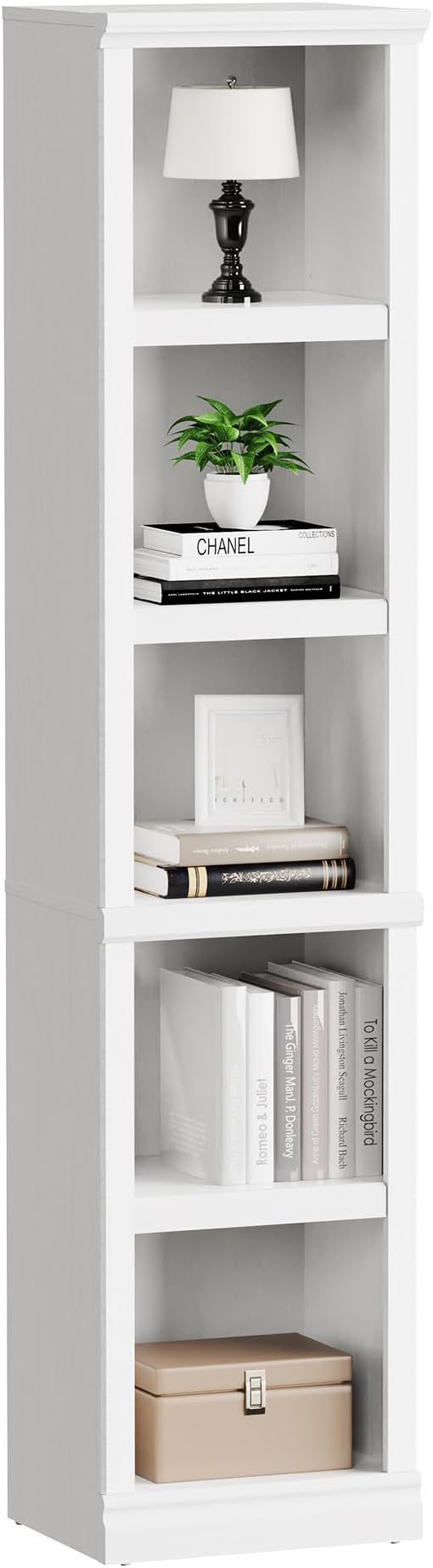 blini 5-Shelf Narrow Bookcase White Wooden Bookshelves Floor Standing Display Storage Shelves Bookcase for Home Office, Living Room, Bed Room