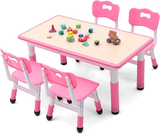UNICOO Kids Table and Chairs Set, Height Adjustable Multi-Activity Preschool Table with Graffiti Desktop for Ages 2-8 - Versatile Kids Tables for Play, Learning, and Creativity(Maple Top/Pink Border)