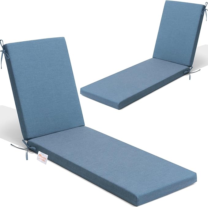 Crestlive Products Sunbrella Chaise Lounge Cushions Set of 2, Outdoor Cushions for Patio Furniture, Waterproof Lounge Chair Cushions for Pool, Deck, Lawn, 72''L x 21''W, Denim Blue