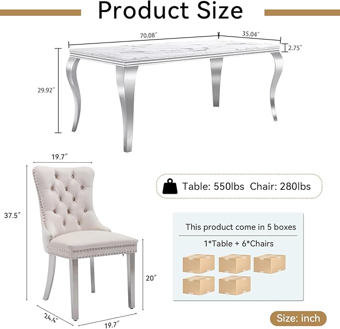 Goujxcy 70" Marble Dining Table Set for 6, Modern 7 Piece Dining Room Table Set with White Faux Marble Dining Table & 6 Beige Velvet Upholstered Chairs, Luxury Silver Kitchen Table Chairs Set of 6