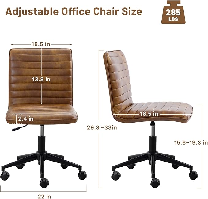 Furniliving Leather Office Chair with Wheels Armless Vanity Desk Chair 360° Swivel Computer Rolling Chair with Mid Back, Height Adjustable Accent Chairs with Gold Metal Base Stool, PU YellowBrown