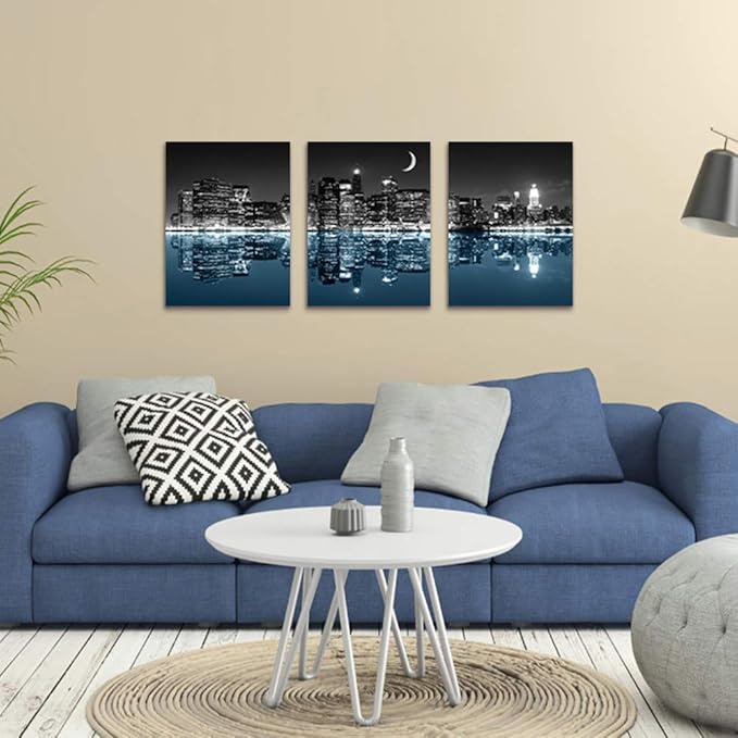 Wall Decor For Living Room Canvas Wall Art For Bedroom Black And White City Luminous Paintings Modern 3 Piece Framed Room Canvas Art Prints Ready To Hang Office Pictures For Home Decoration Artwork