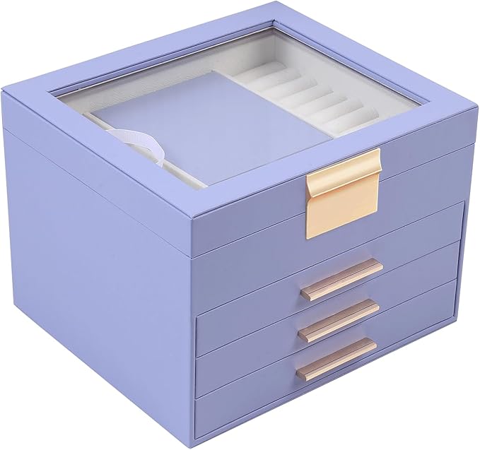 BOOVO Clear Lid Jewelry Box,4 Layers Jewelry Organizer Large Jewelry Storage Box with 3 Drawers,Jewelry Holder Organzier of Rings Earrings Necklace Bracelets for Women (Purple, 4 Layer)