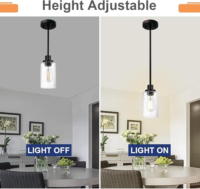 Black 1-Light Pendant Light with Seeded Glass Shade, Farmhouse Mini Chandelier Ceiling Lighting for Kitchen Island Bar Loft, Hanging Ceiling Lamp E26 Bulb Base