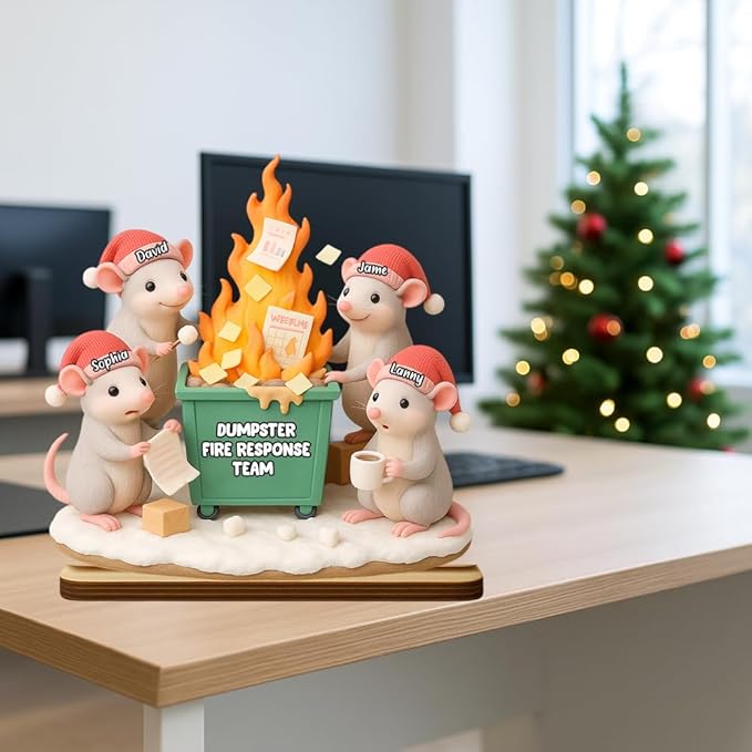 Funny Mouse Dumpster Fire Response Team Wooden Plaque 2025, Personalized Flaming Dumpster Sign, Custom Name Group Plaque, Matching Holiday Decor for Coworkers