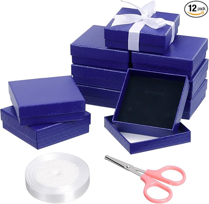 Glarks 12pcs Dark Blue 9 x 9 x 3CM Jewelry Gift Boxes with Pink Scissors and 1.5 x 225CM White Polyester Ribbon Set, Diamond Pattern Necklace Earring Bracelet Boxes Gift Case Ideal