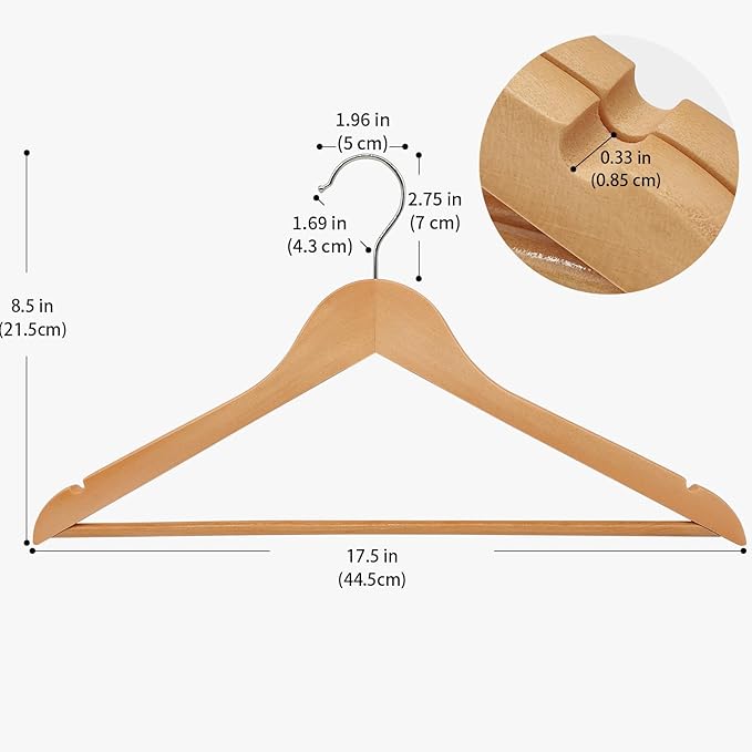 20 Pack Wooden Coat Hangers, 360° Swivel Hook, Suit Hangers with Anti-Slip Notches, Clothes Hangers for Jackets, Shirts, Dress, Natural UAWY0520N