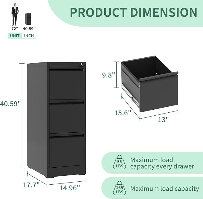 File Cabinet, Vertical File Cabinets with Lock for Home Office,Heavy Duty Office Steel Filing Cabinet for Hanging Letters/Legal/A4, Assembly Required (Black, 3 Drawers)