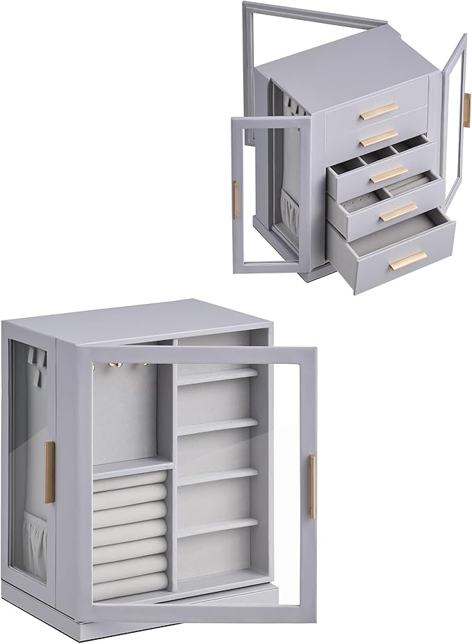 360° Rotating Jewelry Box with 5 Drawers, Spacious Vertical Jewelry Organizer with Glass Window, Jewelry Storage Case, Dustproof & Moisture-resistant Design, Grey