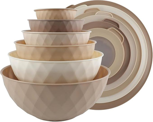 COOK WITH COLOR Mixing Bowls with Lids - 12 Piece Plastic Nesting Bowls Set includes 6 Prep Bowls and 6 Lids, Non Slip Bottom and Embossed Design - Microwave Safe (Brown)