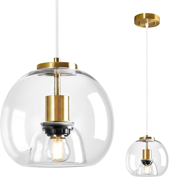 Clear Glass Pendant Light Fixture Kitchen Island Gold Hanging Light Globe Modern Pendant Lighting for Kitchen, Bedroom & Dining Room (7.87", 1 Pack)