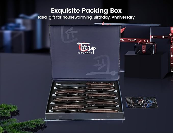 Steak Knives Set of 8, 4.8 Inch High-Carbon Japanese Stainless Steel Non-serrated Steak Knife with Wood Handle, Damascus Pattern Full Tang Design, Razor-Sharp Dinner Knives with Gift Box