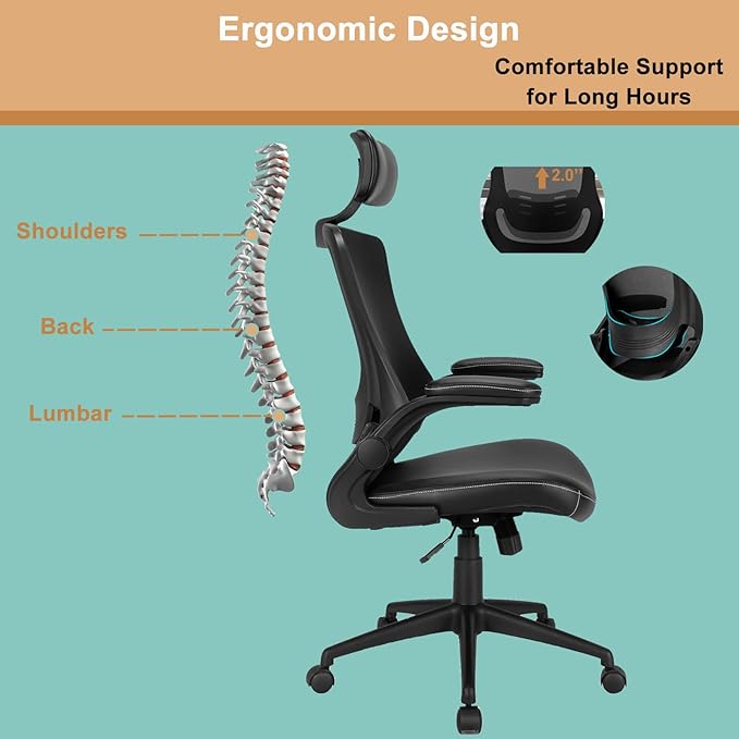 POWERSTONE Ergonomic Office Chair with Thickened Leather Seat, Mesh Desk Chair with Adjustable Headrest Lumbar Support and Flip-up Armrests for Home, Office, Study