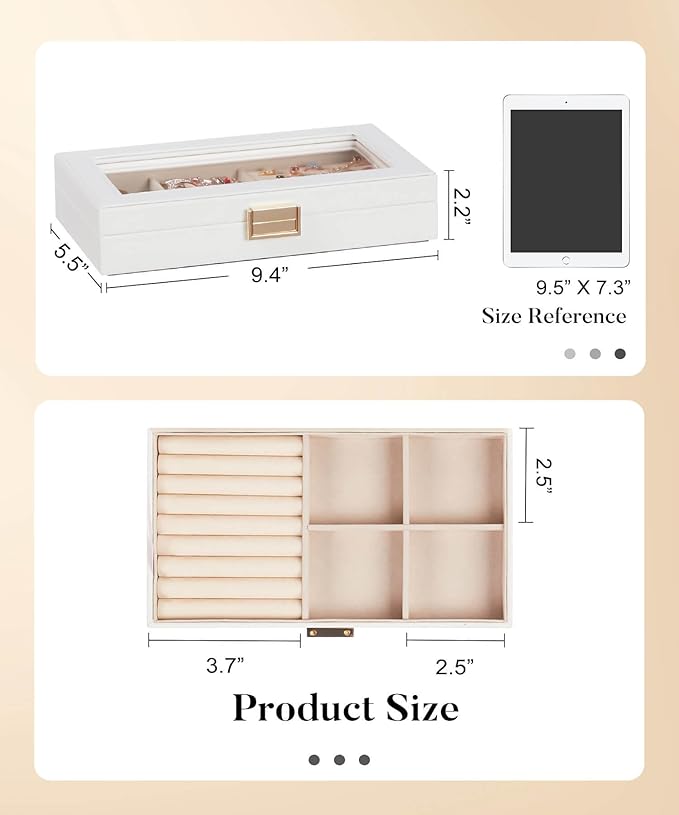 Homde Jewelry Tray Stackable Jewelry Box with Glass Lid, Removable Dividers for Vanity Table Gift Idea for Girls and Women (White)