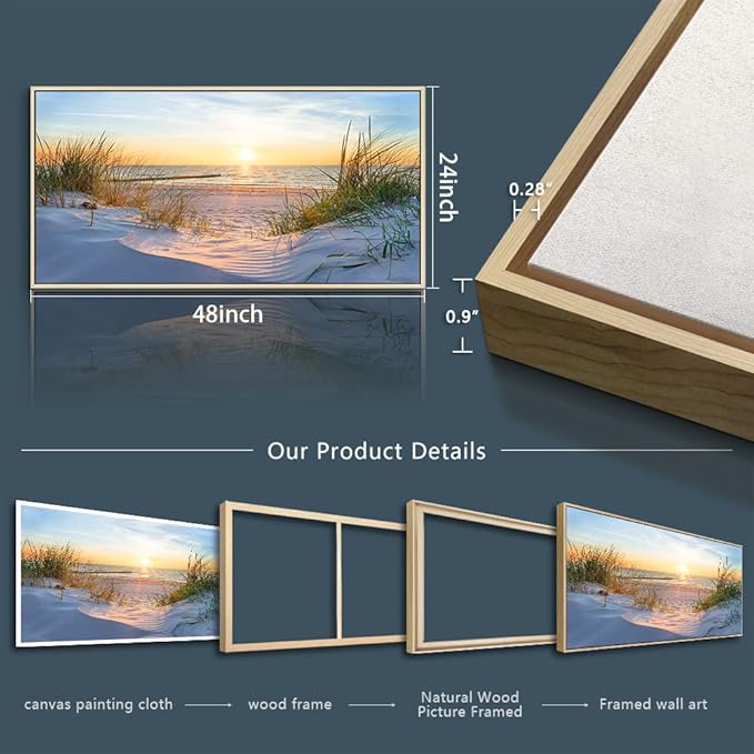 MHARTK66 Large Wall Decor For Office Canvas Wall Art For Living Room Bedroom Poster Art Prints Sun Seascape Wall Painting Blue Ocean Pictures Artwork For Walls Natural Wood Framed 24" X 48"