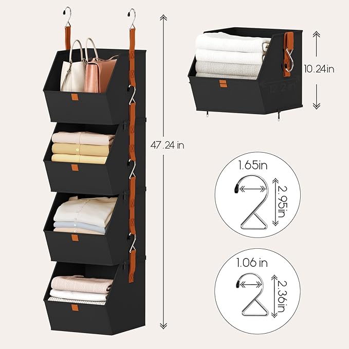 Hanging Closet Organizer 4 Tier - Clothes Hanging Shelves, Space-Saving Closet System, Fabric Storage Bins Bedroom Organization, Collapsible Baskets for Home, Dorm, Rv, Black, 2 Pack