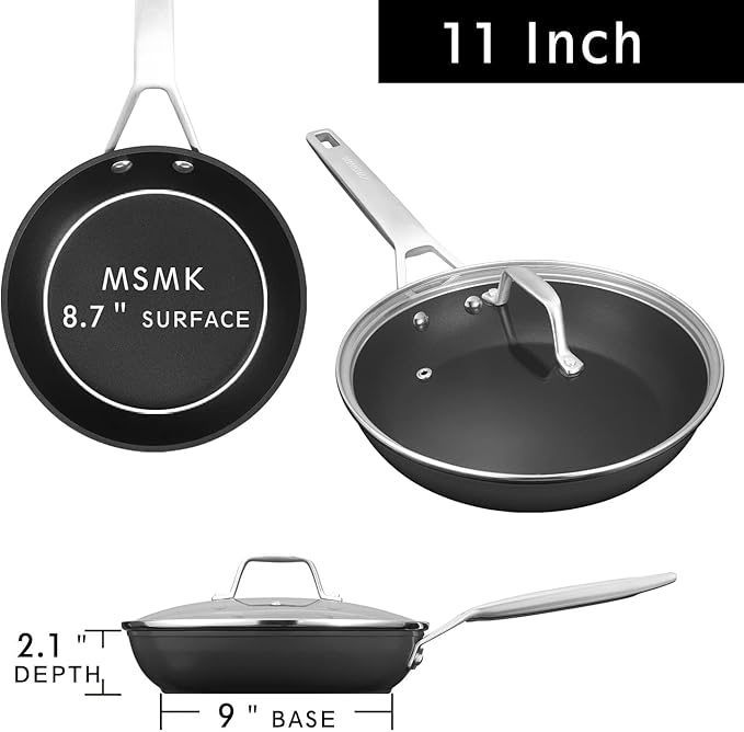 MsMk 11 Inch Nonstick Frying Pan with Lid，Titanium and Ceramic Nonstick skillet with lid, PFOA Free Non-Toxic, Stay-Cool Handle, Scratch-resistant, Induction Skillet With Lid for Induction, Ceramic