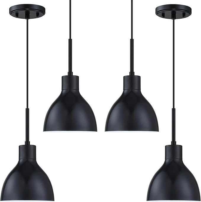 4 Pack 1 Light Industrial Hanging Indoor Kitchen Island Pendant Ceiling Light Fixtures Black Finish,5.9" Drum Metal Shade for Bar Dining Room Living Room Over Sink
