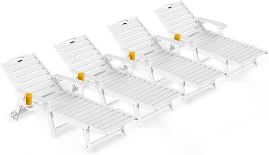 Outdoor Lounge Chair Set of 4, All Weather Patio Chaise Lounge Chairs for Outside, HDPE Chair with Rolling Wheels & Cup Holder, 5 Position, Deck, Pool, White