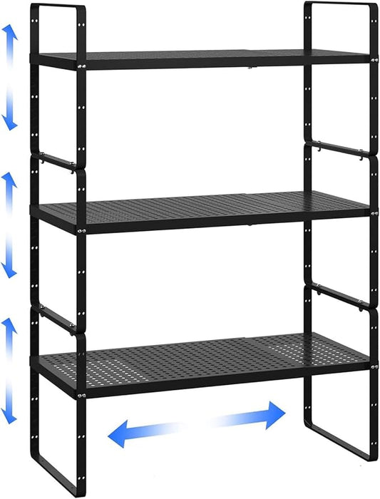 Expandable Kitchen Cabinet Shelf Organizer Rack Heavy Duty Metal Spice Rack Stackable Kitchen Counter Storage Shelf for Kitchen Cabinet Pantry Bathroom (Black - 16.5"-27" L x 8" W x 9.6" H - 3Pack)