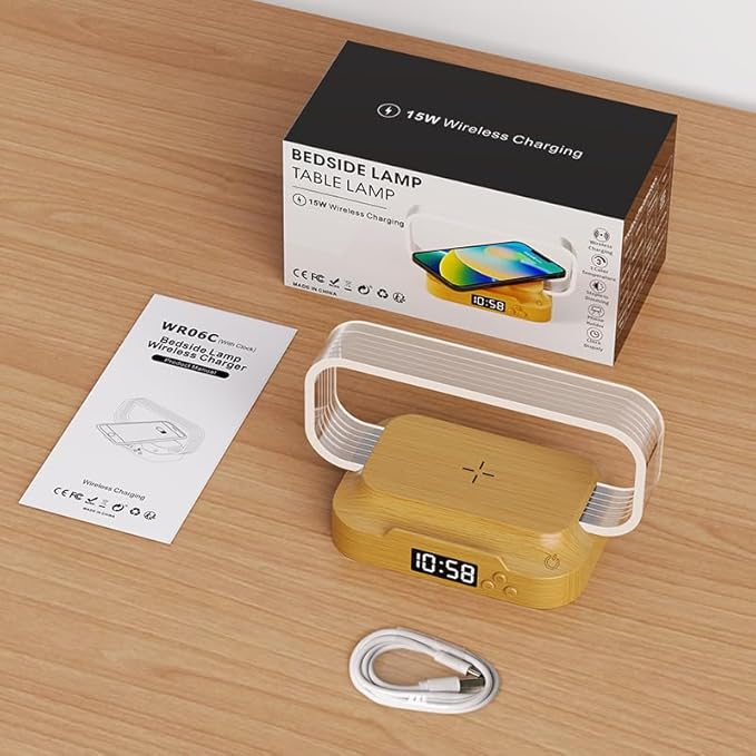 Donewin Small Nightstand Lamp with Wireless Charger,Cute Bedside Lamp with Clock,Small Table Lamp for Bedroom,Mini Night Light for Bedroom,Tiny Light as Gift,Stepless Dimmable,3 Color Modes