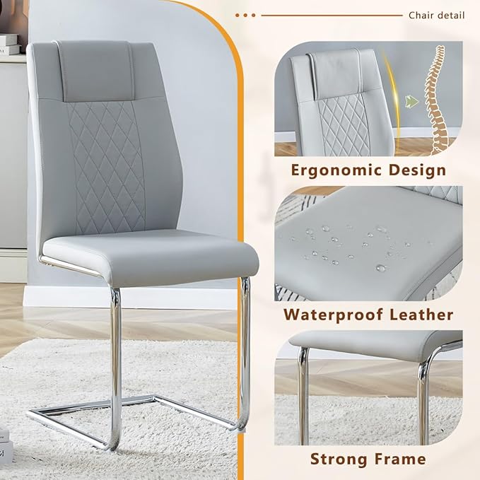 63'' Glass Dining Table Set for 6, Kitchen Table Chairs Set of 6, Clear Glass Dining Table with Black unique design Leg and Silver Metal Base, 6 PU Dining Chairs with Metal Legs, Living Room, Kitchen.