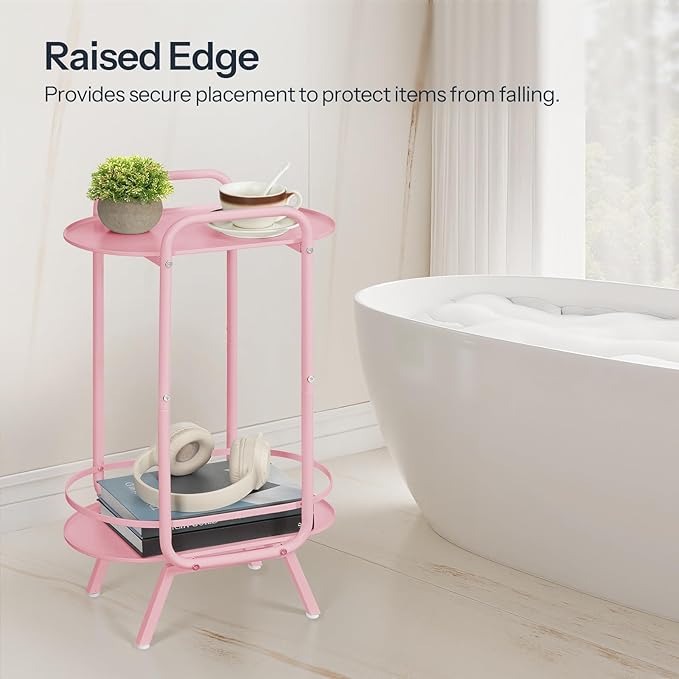 HOOBRO Pink Side Table, 2 Tier Oval End Table with Tray Storage, Small Cute Kids Nightstand for Living Room, Bedroom, Dorm PK184BZ01