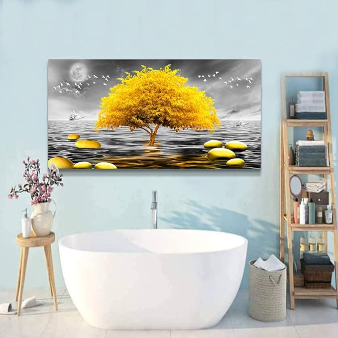 Wapluam Large Canvas Wall Art For Living Room, Office, Modern Bedroom Decor - Black And White View - Yellow Tree Pictures - 60X30 in