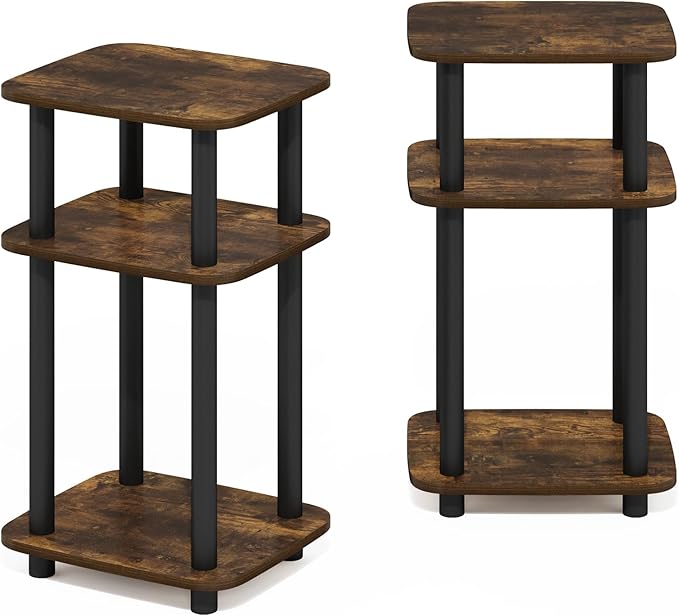 Furinno Just 3-Tier Turn-N-Tube Curve End Table, Side Table, 2-Pack, Amber Pine/Black