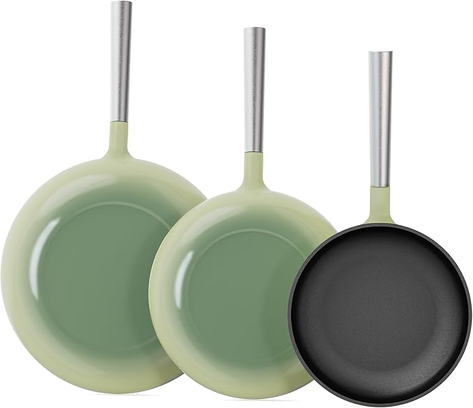 KOKHUB Non Toxic Frying Pan Set 3 Piece, Titanium Enameled Cast Iron Skillets, 8" 9.5" 11" Non Stick PFOA Free Cooking Pans, Dishwasher & Oven Safe Cookware, All Cooktops Compatible, Sage Green