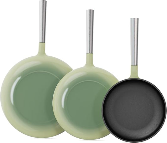 KOKHUB Non Toxic Frying Pan Set 3 Piece, Titanium Enameled Cast Iron Skillets, 8" 9.5" 11" Non Stick PFOA Free Cooking Pans, Dishwasher & Oven Safe Cookware, All Cooktops Compatible, Sage Green