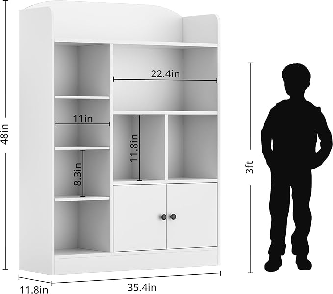 White Kids Bookshelf, Kids Bookcase with 7 Cubbies and 2 Cabinets, Freestanding Book Storage Shelves for Bedroom, Playroom, Hallway