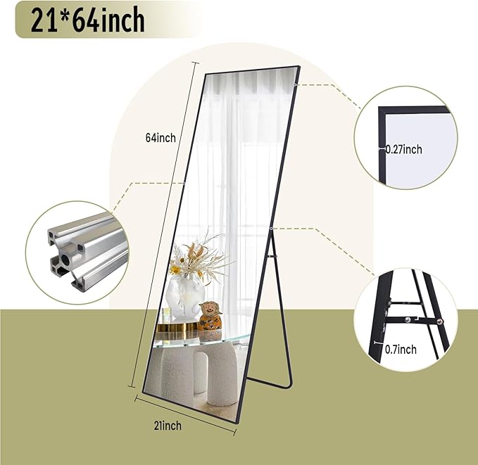 BEAUTYPEAK Full Length Mirror 64"x21" Nano Glass, Standing Rectangle Floor Mirrors Body Dressing Wall-Mounted for Living Room, Bedroom, Black