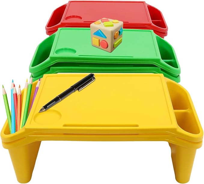 Set of 6 Kids Lap Desk Tray, Portable Activity Table, Plastic, Stackable for Drawing, Writing, Eating, Classroom, 19.69" L x 9.84" W x 7.09" H (Red, Green, Yellow)