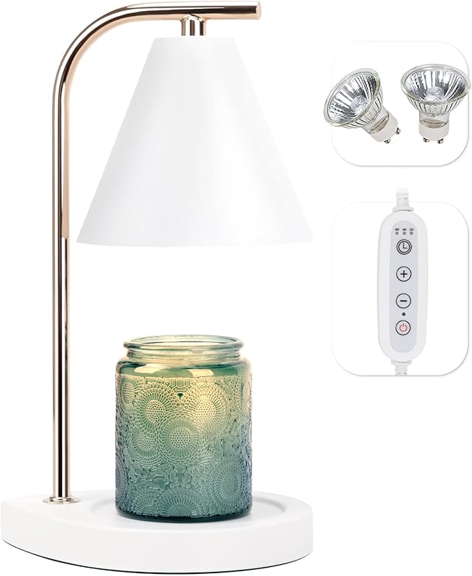 Candle Warmer Lamp with Timer, Dimmable Candle Lamp for Small and Large Jar Candles, Modern Candle Warmer Lamp with 2 Bulbs(White Gold)