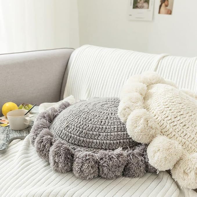 Knitted Throw Pillow Round Couch Pillow Sofa Cute Cushion Handmade Pompoms Decorative Plush Pillow (Beige, Diameter 18inches)