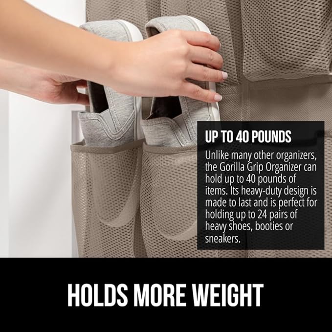 GORILLA GRIP Over the Door Shoe Organizer, 24 Large Breathable Mesh Pockets, Space Saving Hanging Storage Holder, Closet Rack Hanger Holds Up to 40 lbs, Hangs on Closets for Shoes, Accessories, Beige