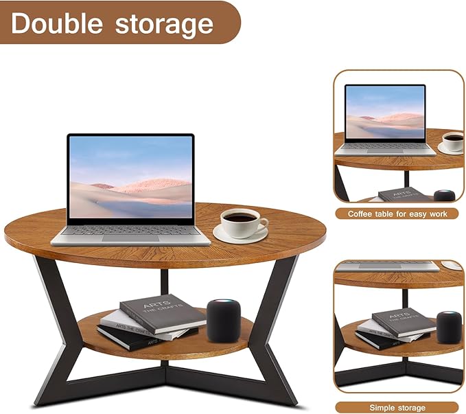 Round Wood Coffee Table for Living Room, 2-Tier Rustic Circle Table with Storage, Solid Natural Top with Metal Legs, Radial Pattern 35'x 17'